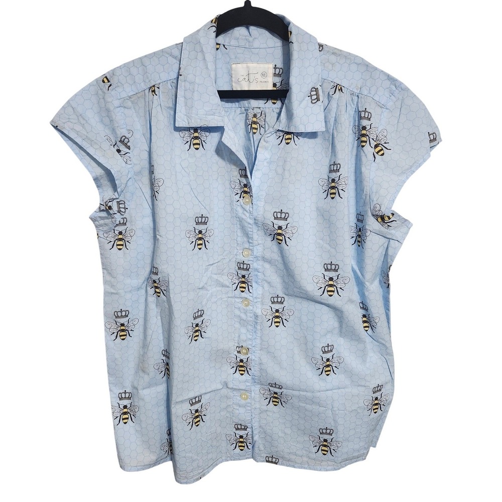 The‎ Cats Pajamas Blue Bee Crown Honeycomb Button Up PJ Top XL Short Sleeve